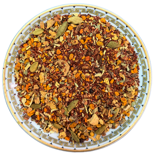 Spice mix on a decorative plate with a white background