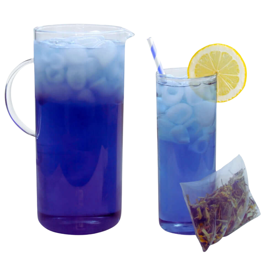 Two glasses of blue iced tea with a lemon slice and tea bag on a white background