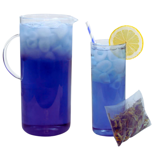 Two glasses of blue iced tea with a lemon slice and tea bag on a white background