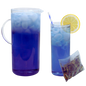 Two glasses of blue iced tea with a lemon slice and tea bag on a white background