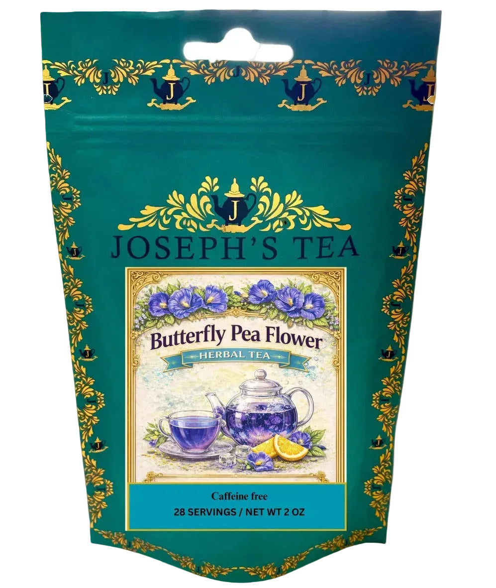 Packaging of Joseph's Tea Butterfly Pea Flower Herbal Tea with decorative elements.