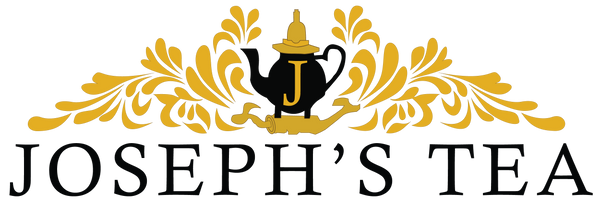 A logo-style graphic for Joseph's Tea featuring a black teapot with a gold letter J, surrounded by gold decorative flourishes and the words 'JOSEPH'S TEA' in black on a white background.