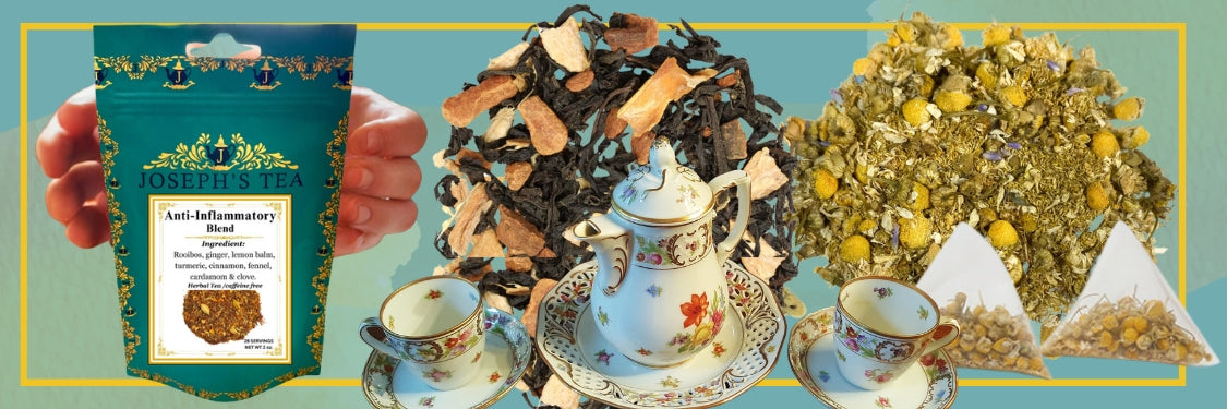 An herbal tea product display featuring a hand holding a teal pouch labeled 'Anti-Inflammatory Herbal Tea,' a white teapot, two floral teacups, loose dried herbs, and yellow tea bags on a teal background with a yellow border.